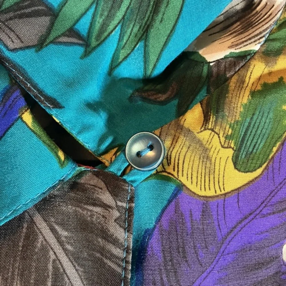 VNTG Tropical Floral Teal Wrap Midi Dress Colorful Hawaiian Parrot USA‎